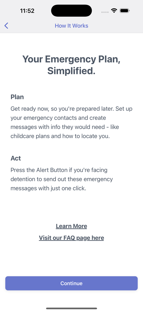 La schermata 'Come funziona' dell'app ReadyNow che spiega come impostare un piano di emergenza e attivare gli allarmi.