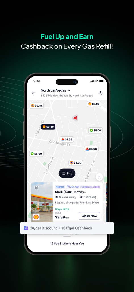 Way - #1 Car Services App - Way app interface showing gas station locations with prices and fuel cashback offers on a map.