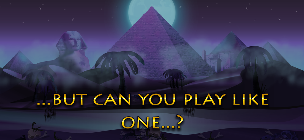 Pyramid Solitaire Mummys Curse - Escena nocturna atmosférica del Antiguo Egipto con pirámides y una esfinge bajo una luna llena