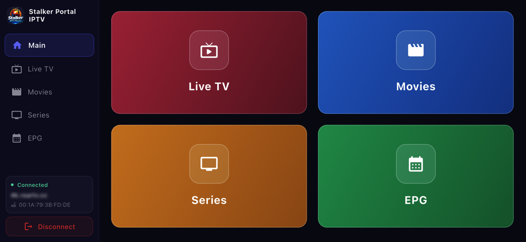 Main dashboard of Stalker Portal IPTV featuring options for Live TV, Movies, Series, and EPG