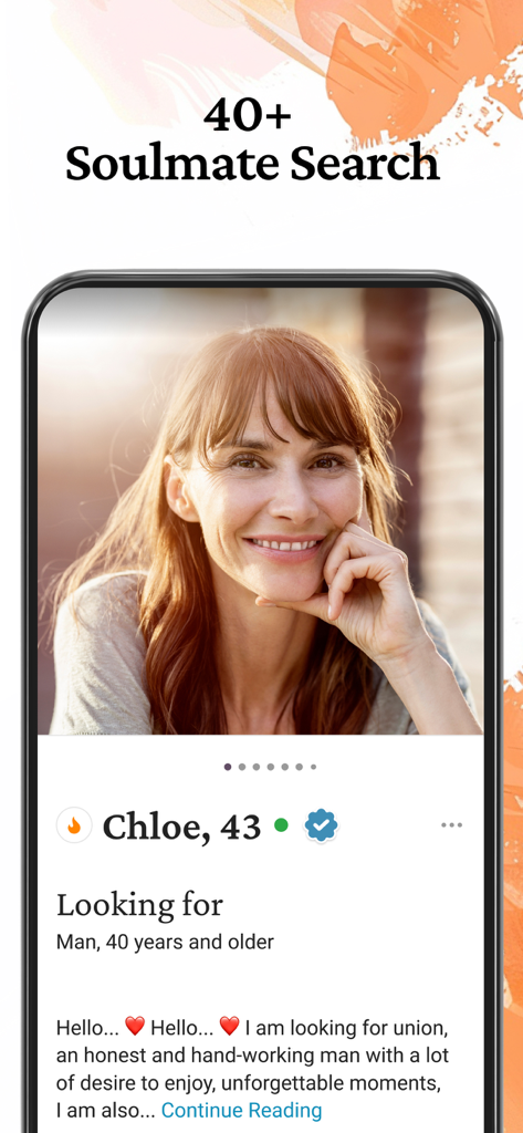 DateMyAge™ - Mature Dating 40+ - DateMyAgeアプリの成熟したデーティングプロフィールが表示されているスマートフォンの画面