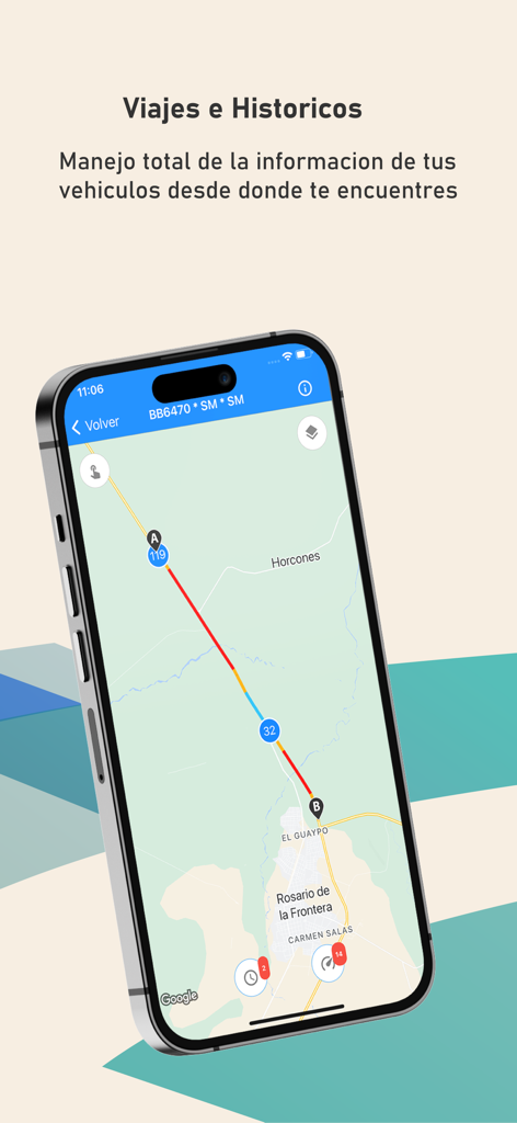 Interfaz de la aplicación móvil Flota Segura que muestra el historial de viajes de vehículos y el rastreo en tiempo real en un mapa