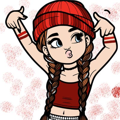 realistic teenage girl with braids and a beanie and crop top doing 🫶🏼