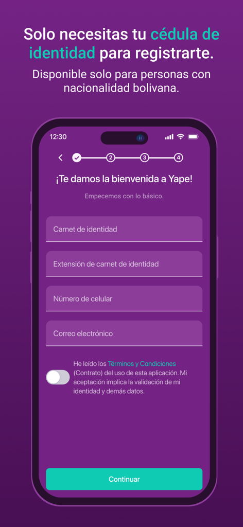 Yape Bolivia - Tela de registro do app Yape Bolívia solicitando um documento de identidade boliviano
