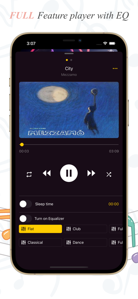 Player FF - The music player interface of the Player FF app on an iPhone featuring an equalizer and sleep timer.
