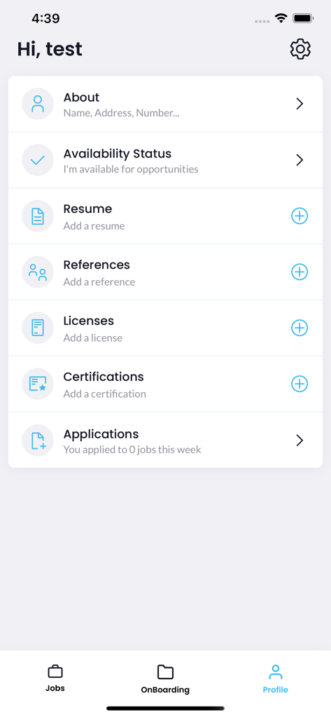 HJG Staffing - The profile screen of the HJG Staffing app displays sections for resume references licenses and job applications