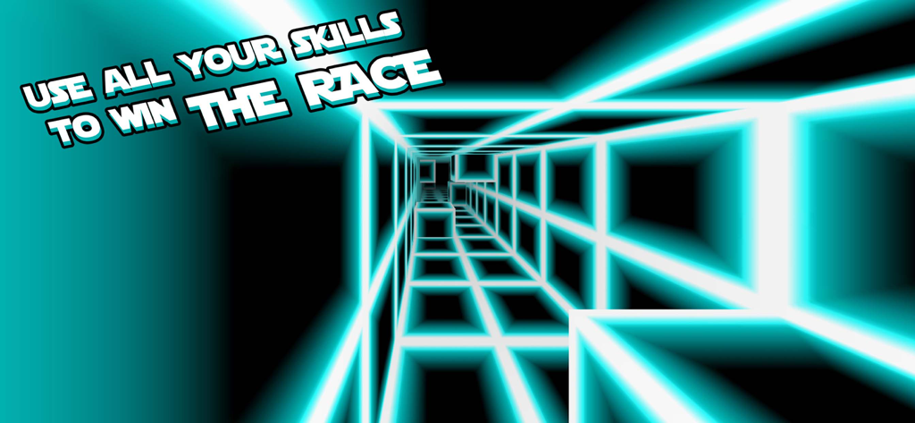 Death Run 3D - High speed neon blue geometric tunnel in Death Run 3D with text saying use all your skills to win the race