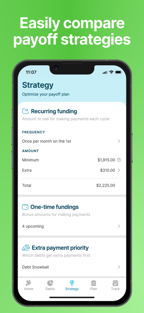 Screenshot of the Strategy screen in the Debt Payoff Planner app showing options for recurring funding and debt payoff priority settings