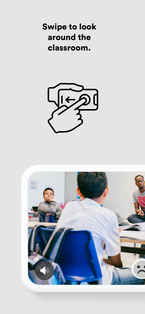 AV1 - Instructional screen of the AV1 app showing how to swipe on a mobile device to control the robots view in a classroom
