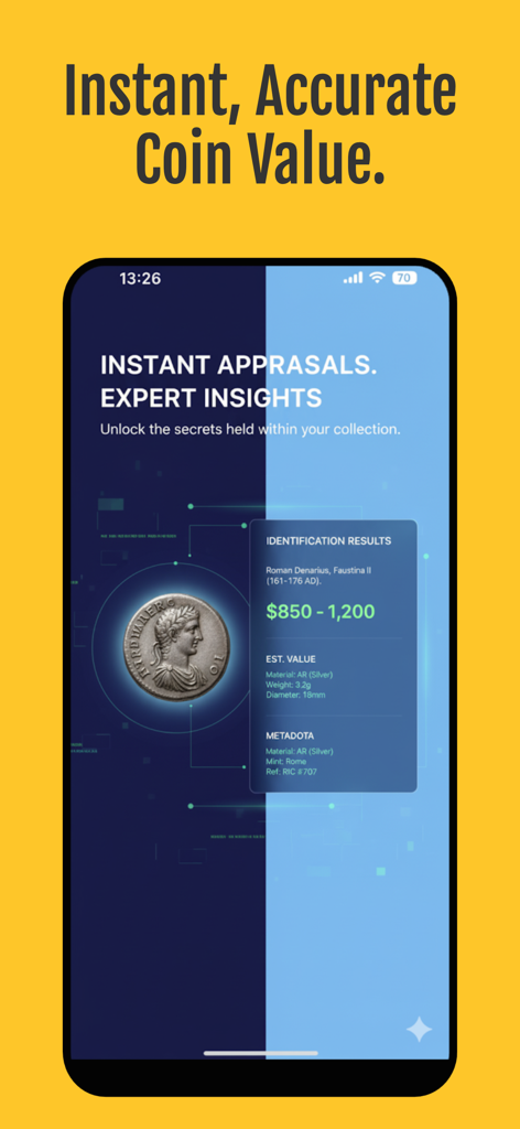 CoinSnap Mobile App-Oberfläche, die eine sofortige Bewertung und Identifizierung für eine seltene römische Münze anzeigt