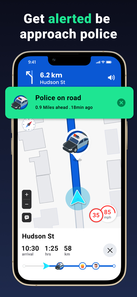 Aplicación de navegación GPS que muestra una notificación de alerta de policía en un mapa de ruta de conducción