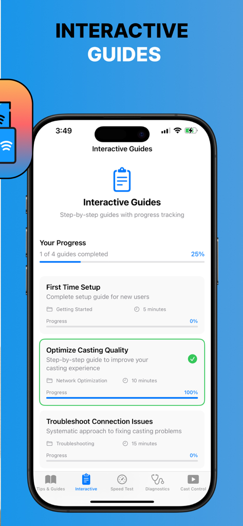 Screen Mirroring TV Cast+ - Interface of the Screen Mirroring TV Cast app showing interactive step-by-step guides and progress tracking for setup and optimization.