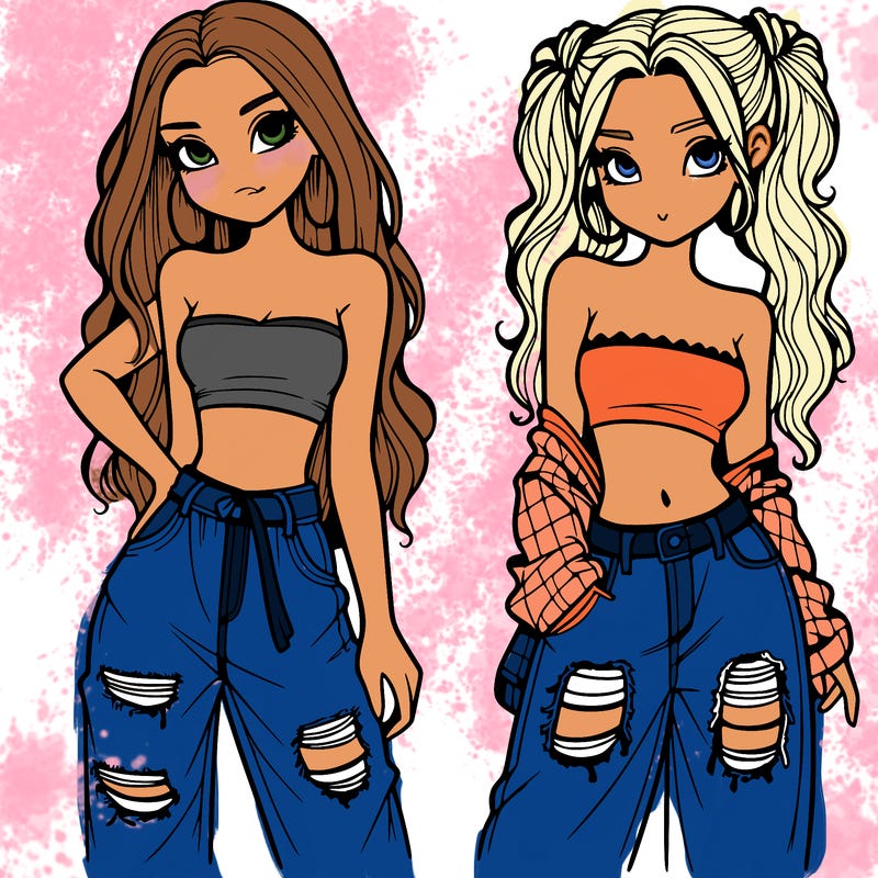 2 girls in crop tops and baggy jeans ripped