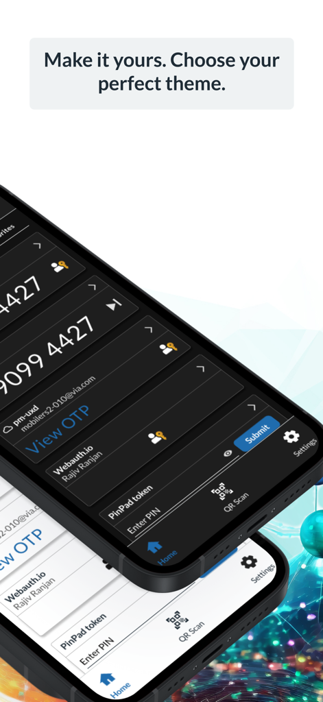 RSA Authenticator app showing dark and light theme options on two smartphones