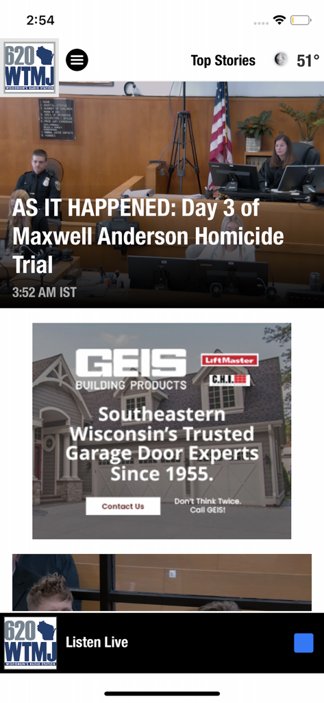 620 WTMJ Radio - 620 WTMJ Radio app interface showing top local news stories and a listen live player