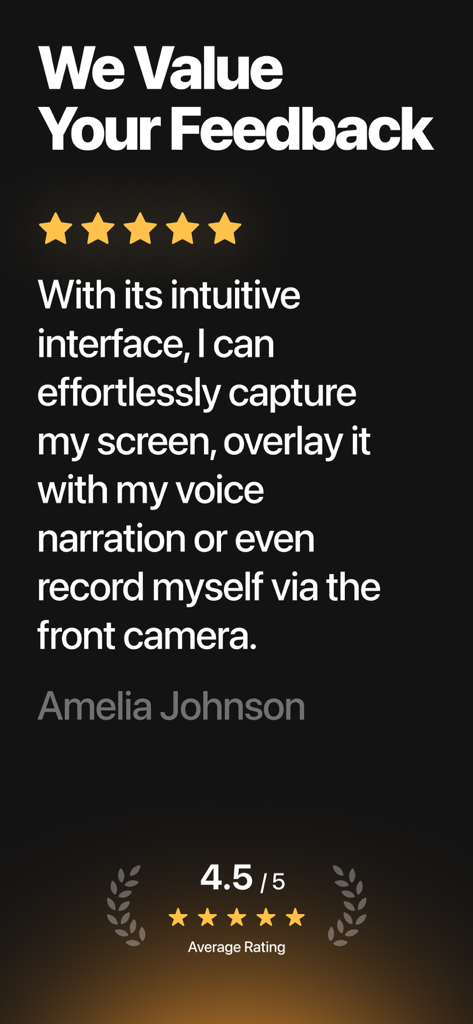 A 4.5 star user review for the Screen Recorder app by Amelia Johnson praising its intuitive interface and facecam recording features.