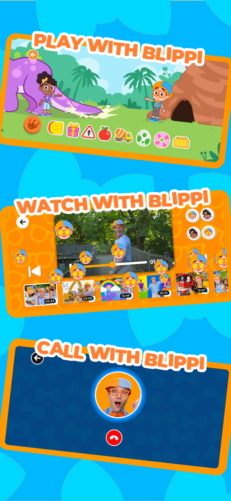 Blippi's Curiosity Club - Capturas de pantalla de la aplicación Blippi's Curiosity Club que muestran juegos interactivos, vídeos educativos y videollamadas simuladas con Blippi.