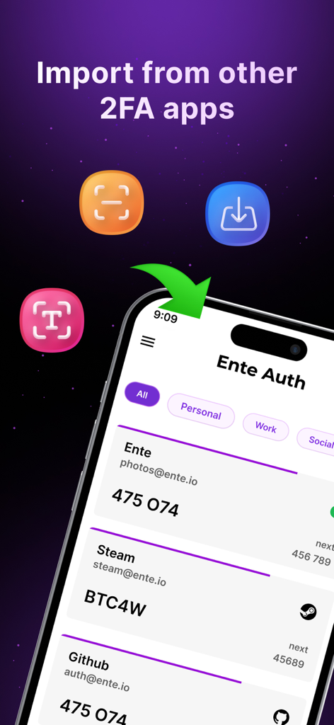 Ente Auth - 2FA Authenticator - Ente Auth app screenshot demonstrating how to import 2FA tokens from other applications.