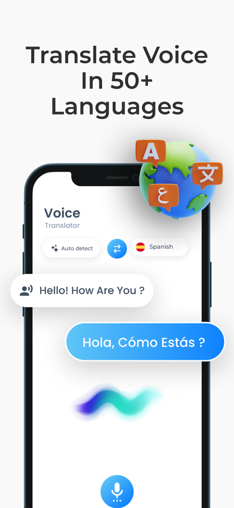 Authenticator App PRO - A smartphone screen displaying the voice translation feature of the Authenticator App PRO translating English to Spanish