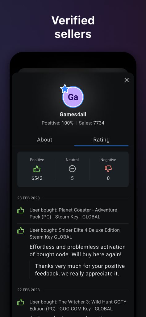 G2A - G2A app interface displaying a verified seller profile with positive user ratings and transaction feedback