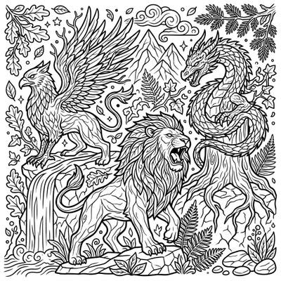 Dive into a world where mythical creatures roam free with this intricate wild animal sculpture coloring page. Featuring a griffin, a roaring lion, and a dragon, it's a thrilling adventure for your coloring pencils.