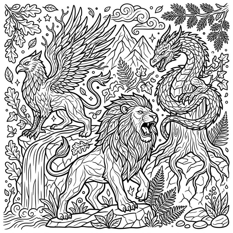 Dive into a world where mythical creatures roam free with this intricate wild animal sculpture coloring page. Featuring a griffin, a roaring lion, and a dragon, it's a thrilling adventure for your coloring pencils.