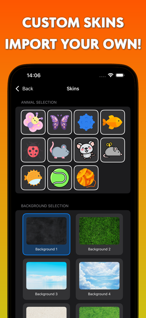 Red laser pointer for cats - A mobile app interface showing various animal skin icons and background selection options for cat play