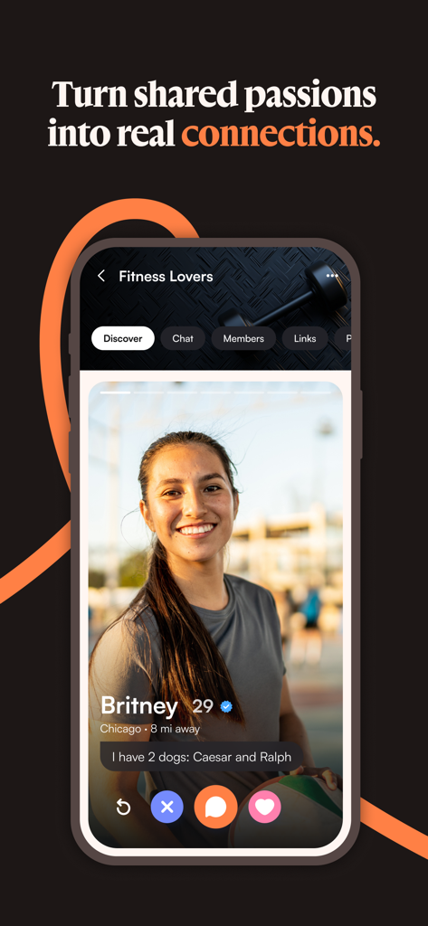 Jaumo Dating App: Flirt & Chat - Interfaz de la app de citas Jaumo mostrando el perfil de un usuario dentro de un grupo de comunidad de fitness