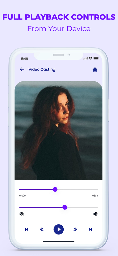 Interface montrant les commandes de lecture complètes pour la diffusion vidéo depuis un iPhone