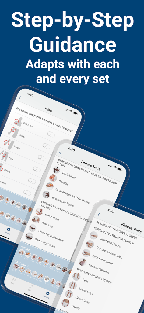 Capturas de tela do aplicativo BodBot exibindo testes de fitness, avaliações de mobilidade e orientação de treino personalizada.