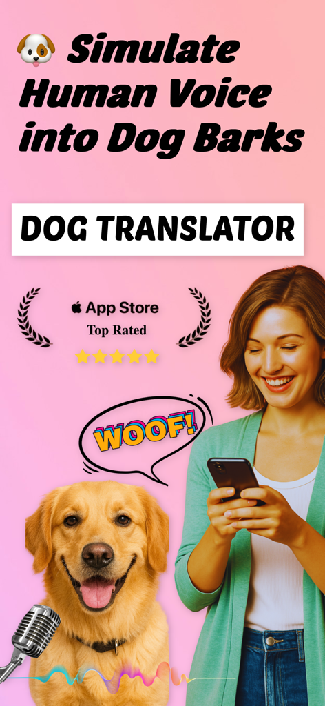 Dog to Human - Pawlo - Pawlo app interface showing a woman using the dog translator to simulate human voice into barks for a golden retriever.