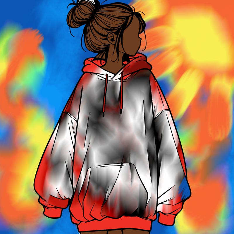 realistic girl with a oversized sweatshirt on and a bun