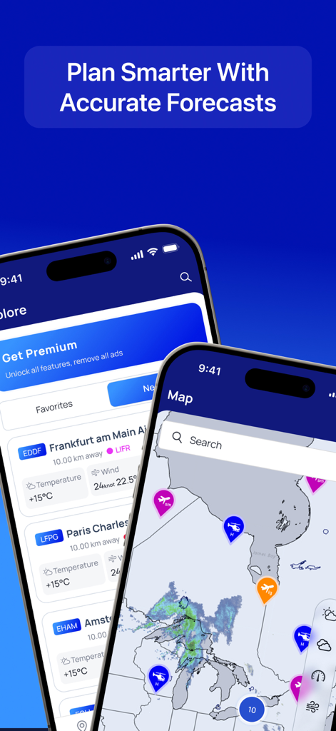 Aviation weather app screenshots displaying an airport favorites list and an interactive radar map with flight category icons.