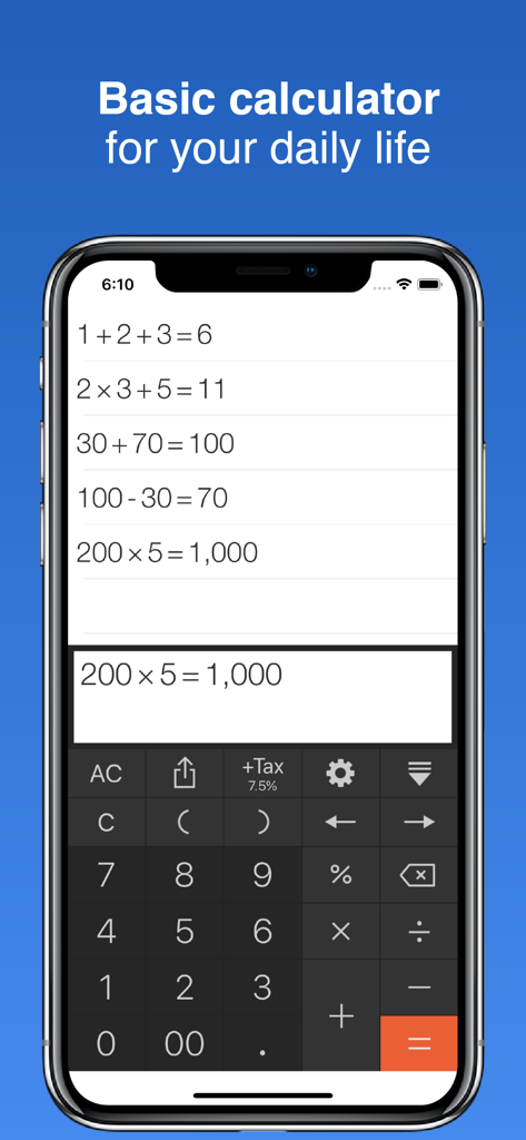 Rapid & Quick Calculator - Rapid and Quick Calculator app interface showing calculation history tape and tax button on an iPhone screen