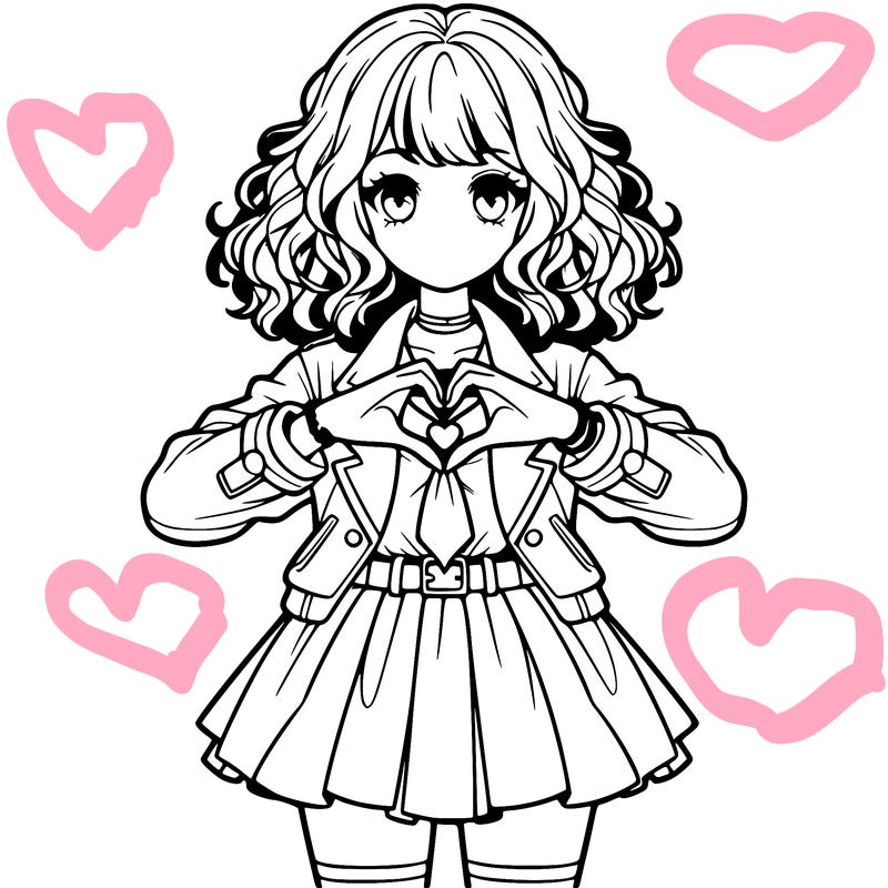realistic girl with curly hair wearing jacket with short anime skirt doing heart with hands 🫶