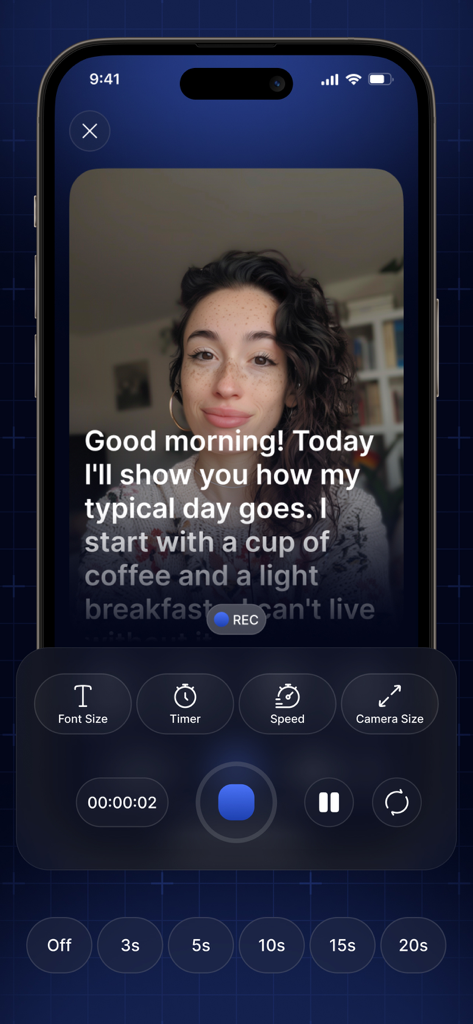 Teleprompter Video Scripts App - Interfaz de la aplicación de teleprompter que muestra a un creador grabando un vídeo con una superposición de guion y controles de velocidad y fuente ajustables