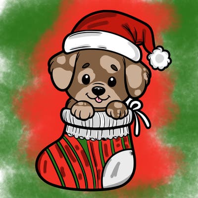 cute puppy wearing santa hat in socking