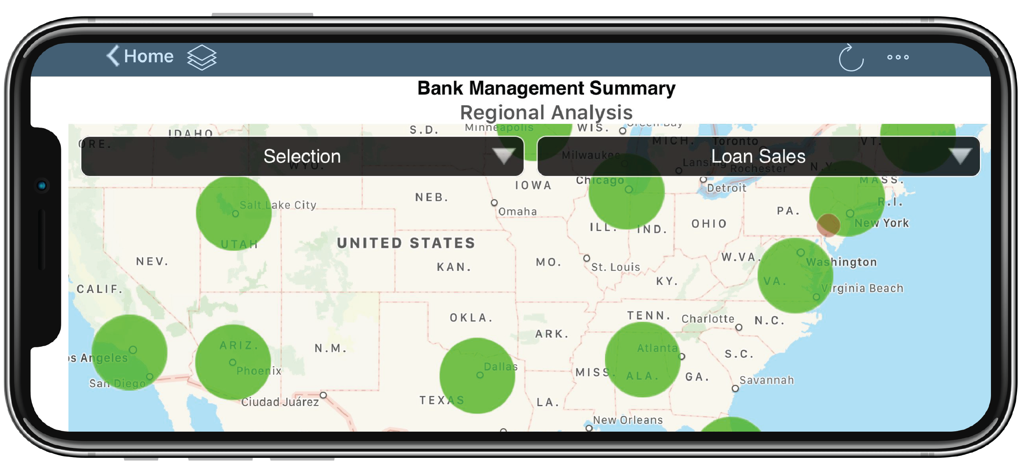 SAP BusinessObjects Mobile - Carte d'analyse régionale des ventes de prêts à travers les États-Unis dans l'application SAP BusinessObjects Mobile.