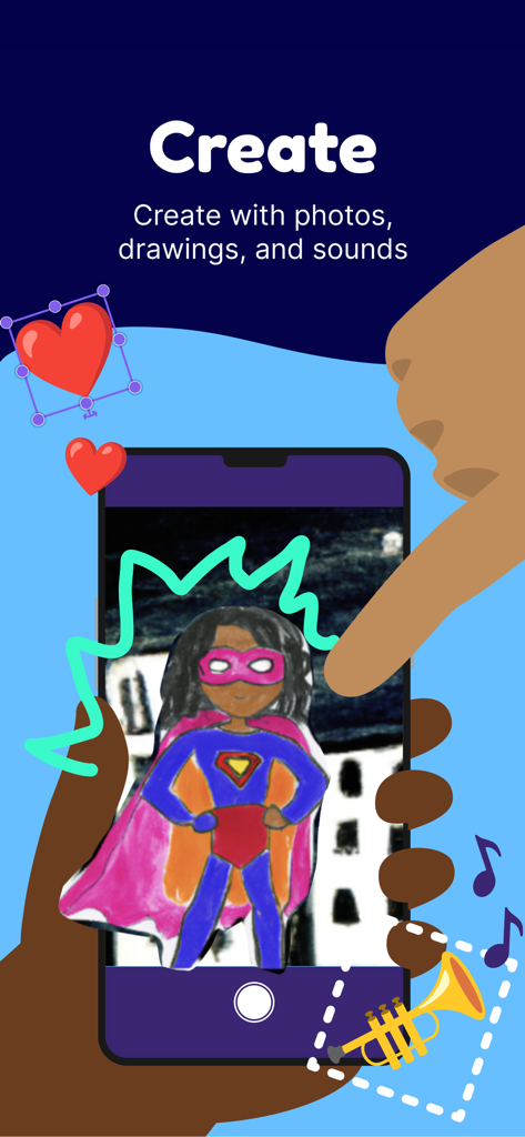 A hand holding a smartphone using the OctoStudio app to create animations with photos and drawings