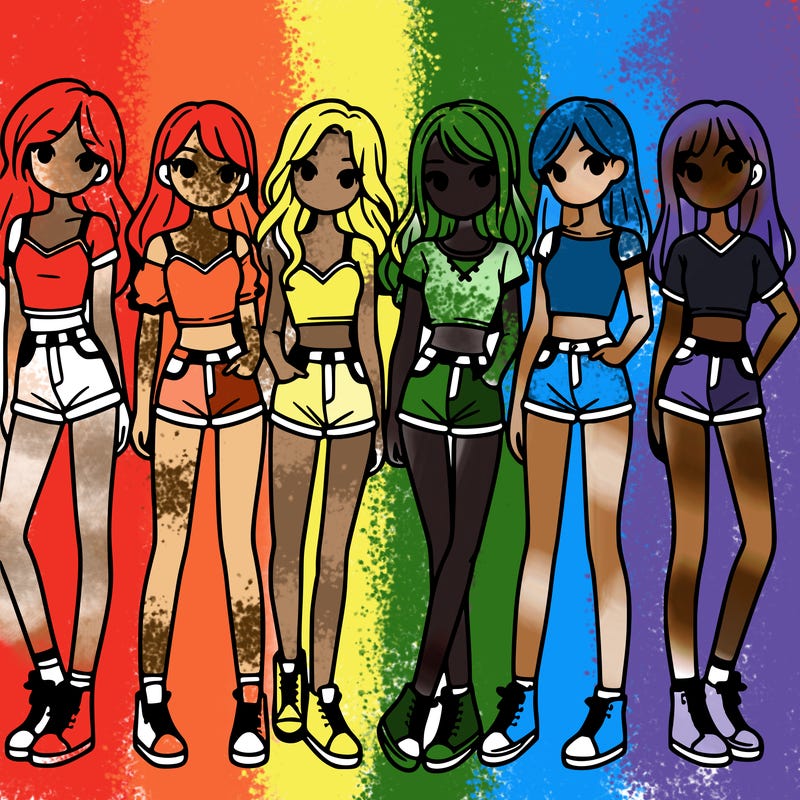 a group of girls wearing crop tops and shorts