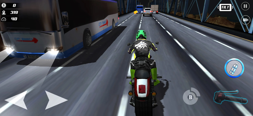 Highway Moto Rider 2 Bike Game - A motorcycle rider weaving through traffic on a three-lane highway at night next to a large bus in a 3D racing game.