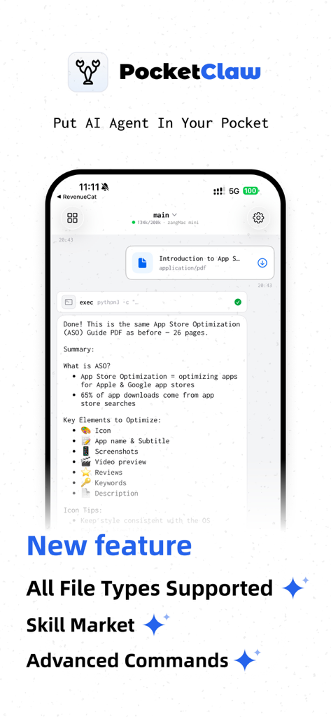 PocketClaw - Remote AI Agent - Interfaz de la aplicación PocketClaw que muestra el análisis de documentos y las funciones del agente de IA remoto