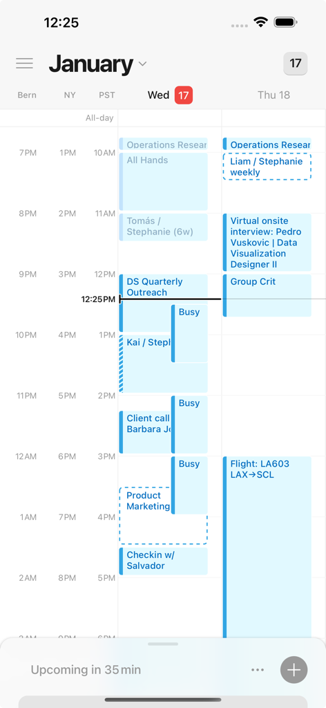 Notion Calendarのスクリーンショット。ベルン、ニューヨーク、PSTの複数のタイムゾーン列が表示された1日のスケジュールを示しています。