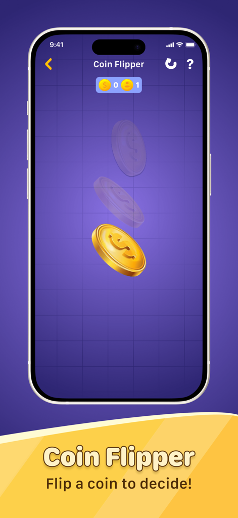 Finger Chooser & Random Picker - Una moneda de oro digital girando sobre un fondo de cuadrícula púrpura dentro de la app Elegidor de Dedos.