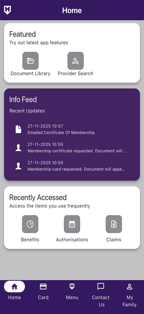 Home screen of the Healthguard International mobile app displaying insurance benefits, claims, and recent membership updates.