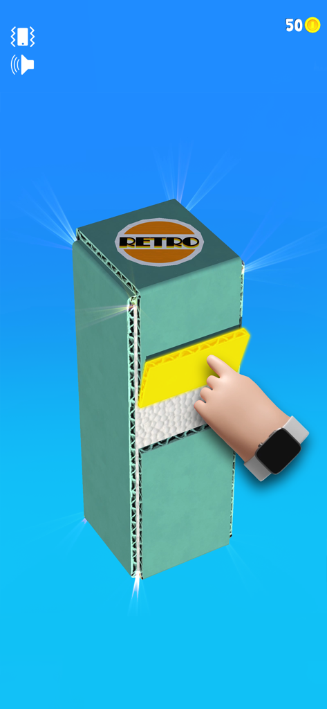 Open The Box - Une main déplie une boîte en carton sarcelle avec un logo rétro dans le jeu mobile Open The Box.