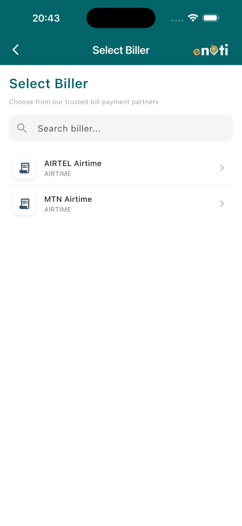 Enoti app screen showing the biller selection interface with options for Airtel and MTN airtime