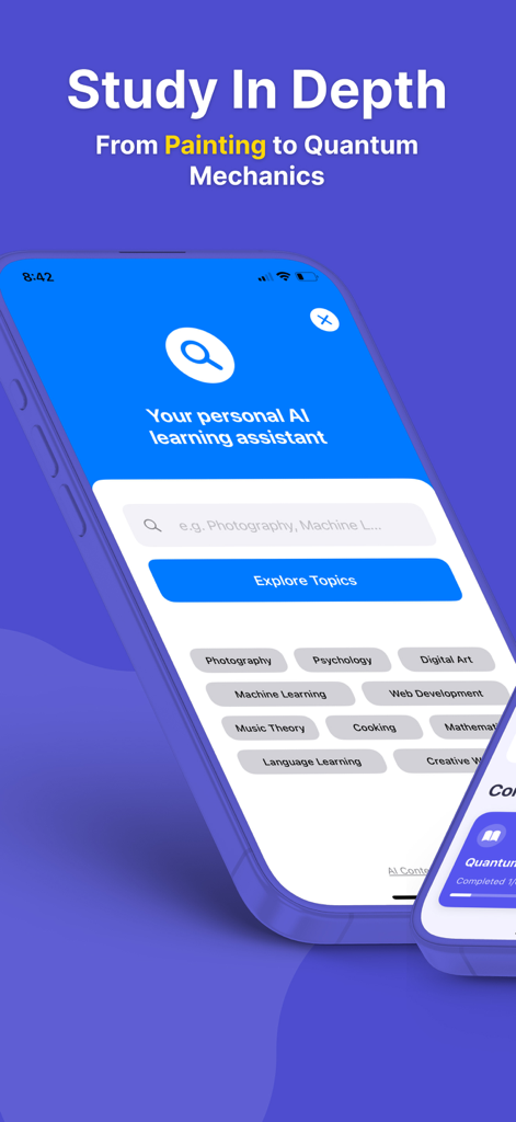 Daily Learning: Learn With AI - Daily Learning app interface showing a search bar and various subjects like Photography and Machine Learning for AI-generated courses