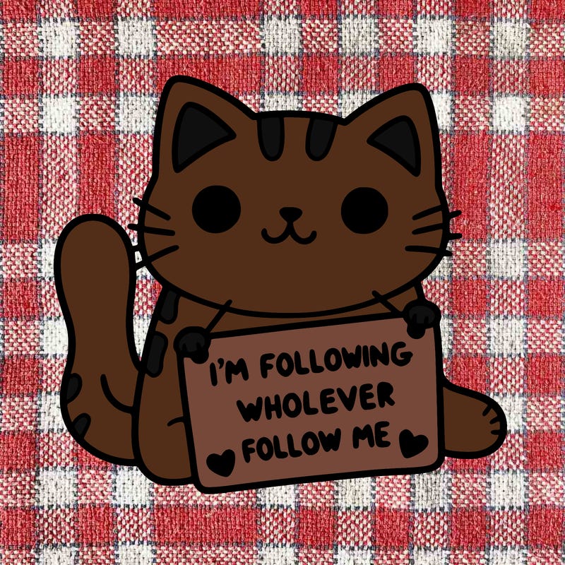 cat with a sign that says i’m following whoever follows me