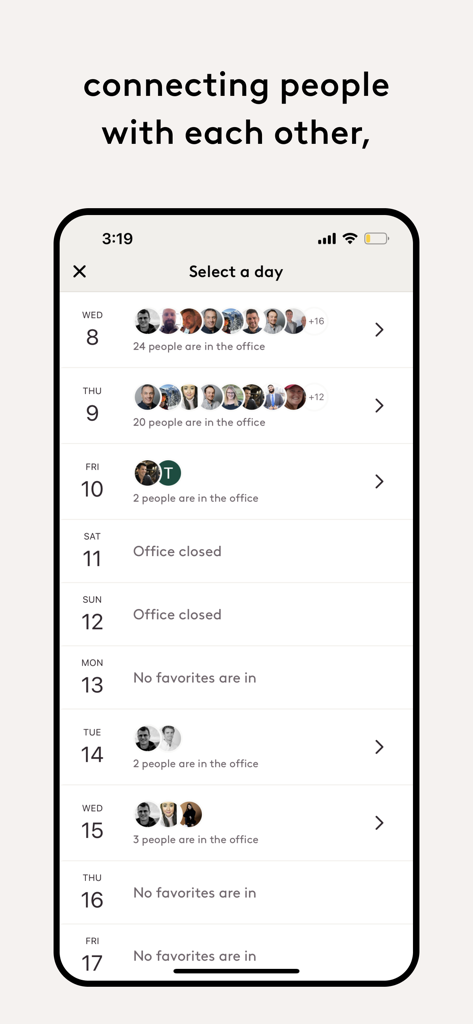 Robin mobile app interface showing a list of days with profile pictures of coworkers who will be in the office